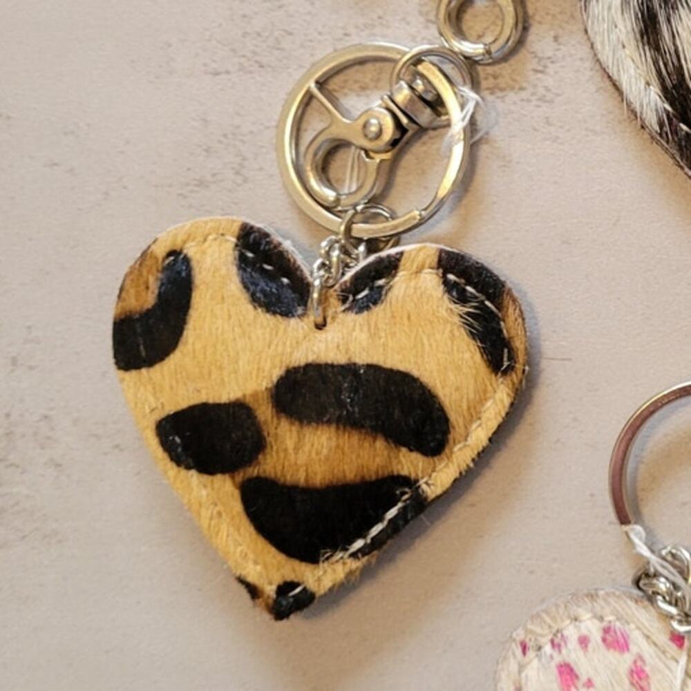 Cowhide Western Heart Keychain Leopard Print Bag Charm